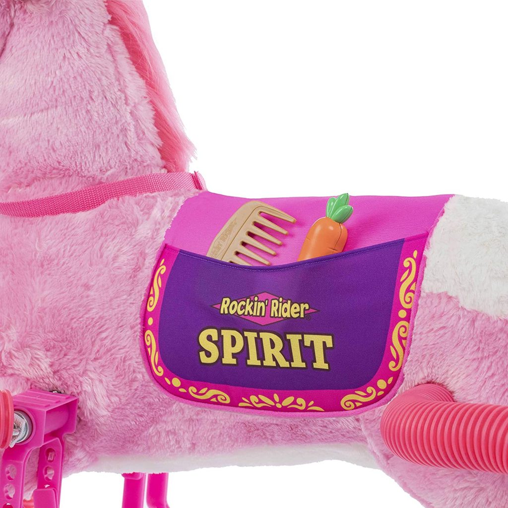 This pink spring rocking horse has a pocket on it.