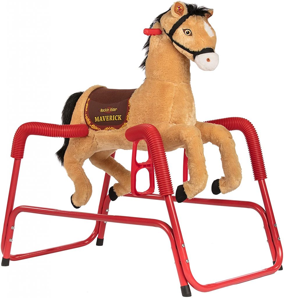 Rockin' Rider Maverick Plush Spring Toy Horse is a spring rocking horse that comes with songs and different sounds effects. It allows 3 position stirrups and parental volume control and is made of a sturdy steel frame.