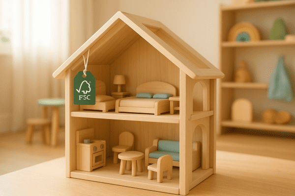 A sunlit playroom with sustainable wooden dollhouse furniture, eco-labels visible, child-appropriate finishes.