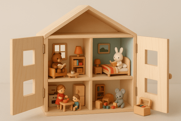 Open wooden dollhouse with furnished rooms and playful figures, each room inviting imaginative play.