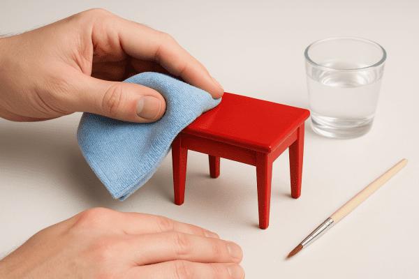 Close-up of hands cleaning a painted miniature table, with water and brush for maintenance.