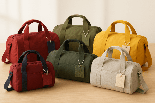 Kids duffle bags made from classic and eco-friendly fabrics displayed on a wooden table.