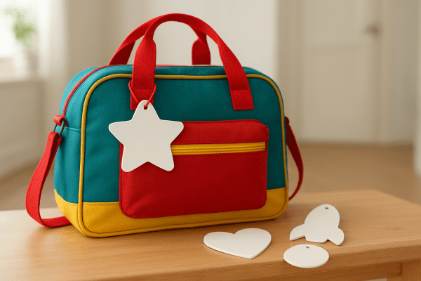 A kids duffle bag with a blank star-shaped name tag and several extra tag shapes nearby.