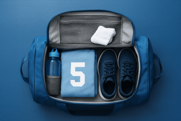 Open kids duffle bag showing clean, antimicrobial compartments with organized sports gear.