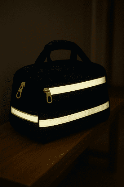 Kids gym duffle bag with reflective strips and easy-grip safety zippers.