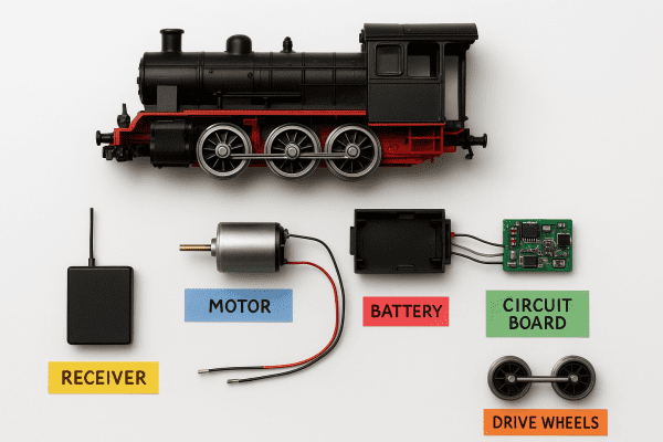 Remote control train engine fully disassembled with components displayed on a crisp white workbench.