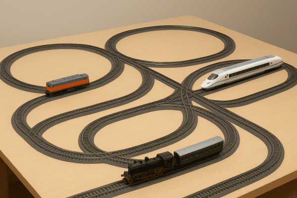 Assorted model train layouts and locomotives displayed on a detailed diorama table.