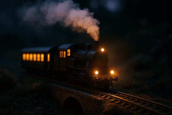 Remote control train at twilight with headlights, smoke, and sound effects crossing a garden bridge.