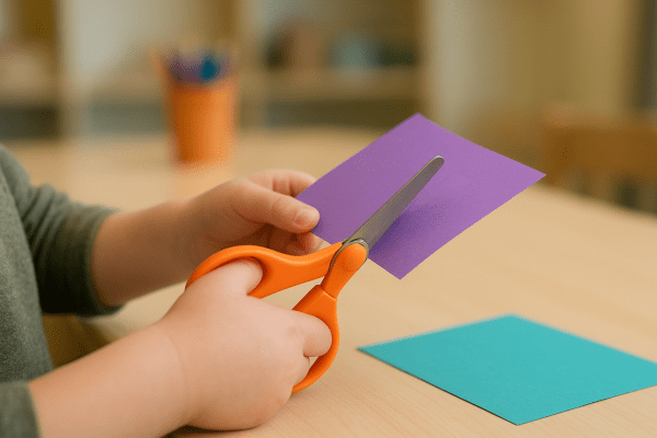 Preschooler's hands with orange spring scissors, cutting colored paper at a classroom table.