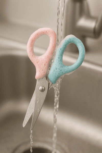 Pastel pink and teal child scissors being washed under running water, soap bubbles on handles.
