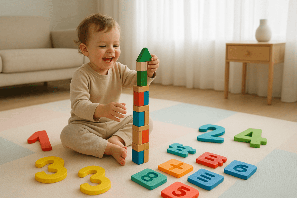 A toddler stacking STEM blocks and solving math puzzles on a plush mat in a softly sunlit, modern living room.