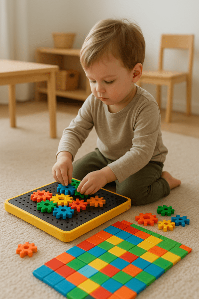 A toddler assembling gears and pattern tiles in a tidy, Montessori-style playroom with soft daylight.