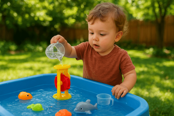A toddler explores water flow with STEM toys at a sensory table in a sun-dappled backyard garden.