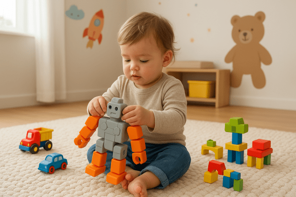 A toddler assembling a robot toy on a cozy rug, with vehicles and building sets in a bright, cheerful playroom.