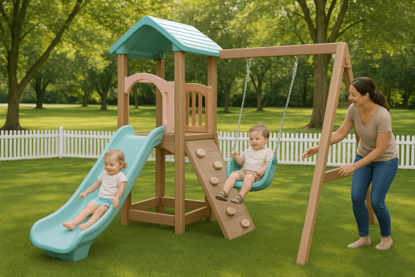 A safe and modern toddler playset with a slide, swing, and climbing wall, with children and a parent enjoying the backyard.