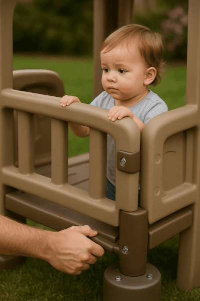 Close-up showing sturdy guardrails, handholds, and anchoring system of a safe toddler playset with parent inspection.