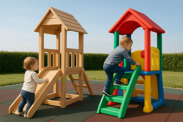Side-by-side wooden and plastic toddler playsets, each explored by a child on a sunny day.