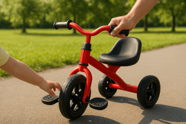 Outdoor tricycle on a path, adult turning handlebars, toddler reaching for pedal, lush park in background.