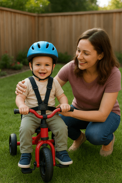 Toddler in helmet and harness on tricycle, adult supervising in a tidy backyard with a wooden fence.