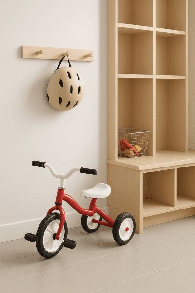 Toddler tricycle, helmet, and accessories stored neatly in a bright mudroom with cubbies and a bench.