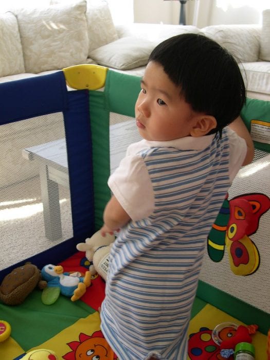 A child standing on his crib playard.