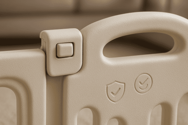 Macro image showing baby gate panel lock, rounded edge, and textured surface, emphasizing safety and craftsmanship.