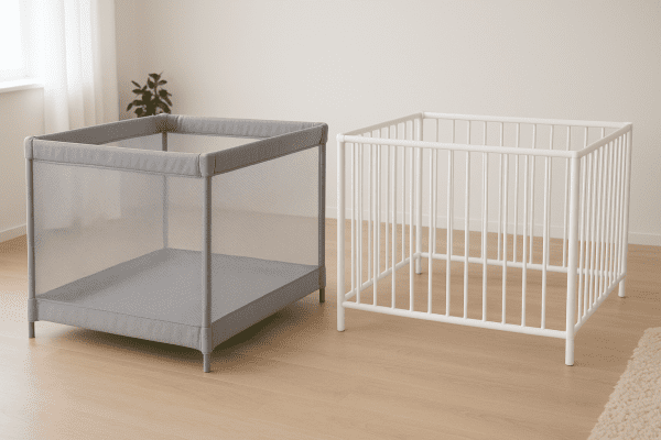 Side-by-side mesh and metal baby play yards in a bright, minimalist room with a wood floor and plant.