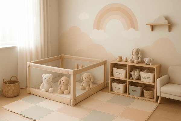 Organized playpen with plush toys and storage bins in a pastel nursery corner, under a window.