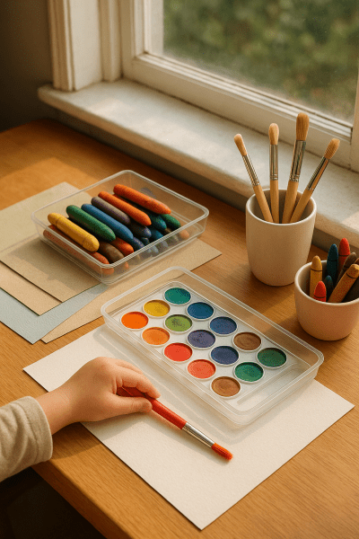 A sunlit children\u2019s art table with organized paints, crayons, brushes, and paper, ready for creativity.