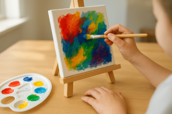 Child's hands painting with bold colors on a canvas at a tidy art table.