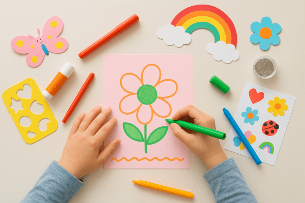 Child's hands using markers, stencils, and craft materials on a joyful workspace.