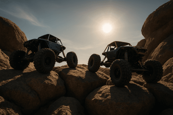 Two RC crawlers, portal and standard axles, flexing wheels on steep rocks at sunset.