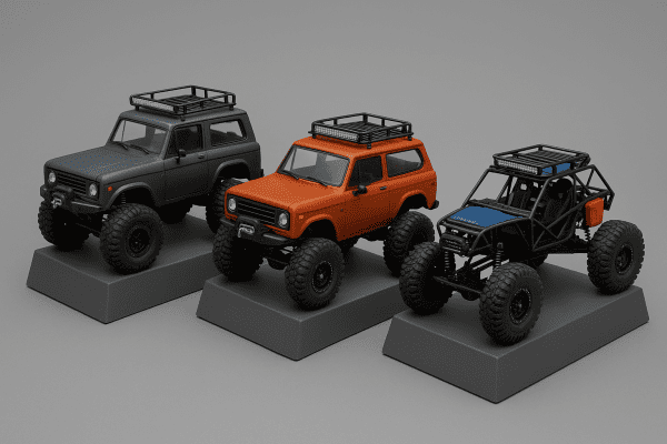 Three custom RC crawlers with scale accessories on individual display risers in a studio.