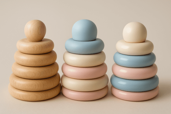 Close-up of wooden, silicone, and plastic stackable rings toys on a pale surface.