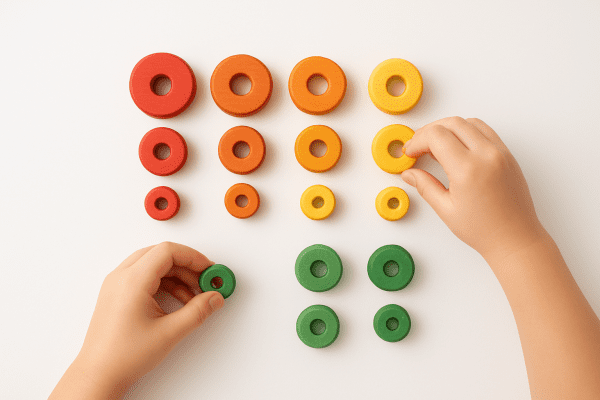 Top-down view of hands sorting wooden stackable rings by color and size.