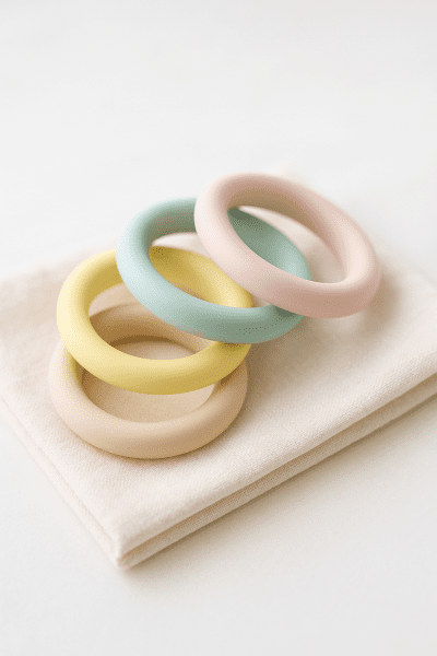 Eco-friendly silicone stackable rings on organic cotton cloth.
