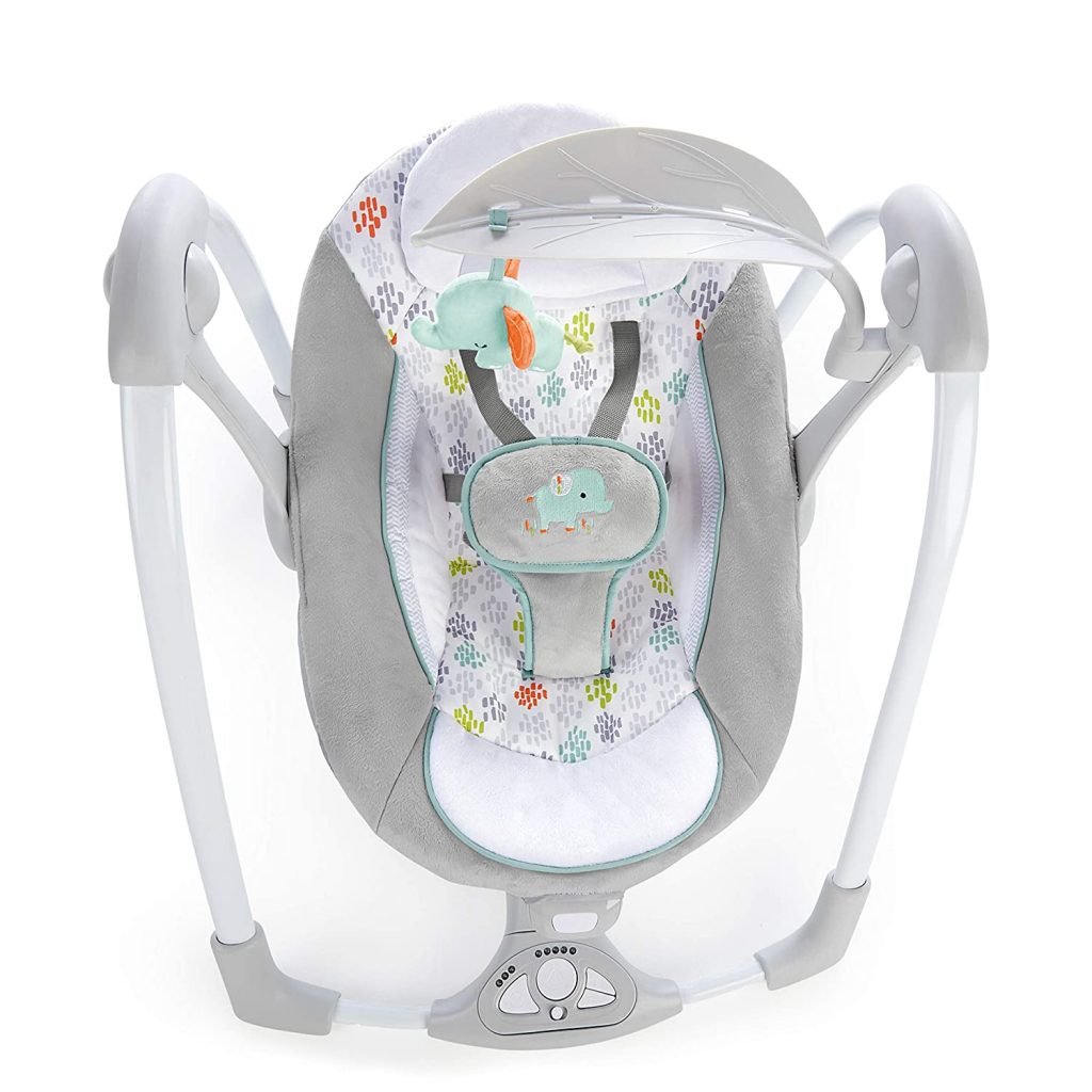 A portable baby seat that can be converted from a swing to a vibrating seat. It is ideal for a baby that is 0-9 months.