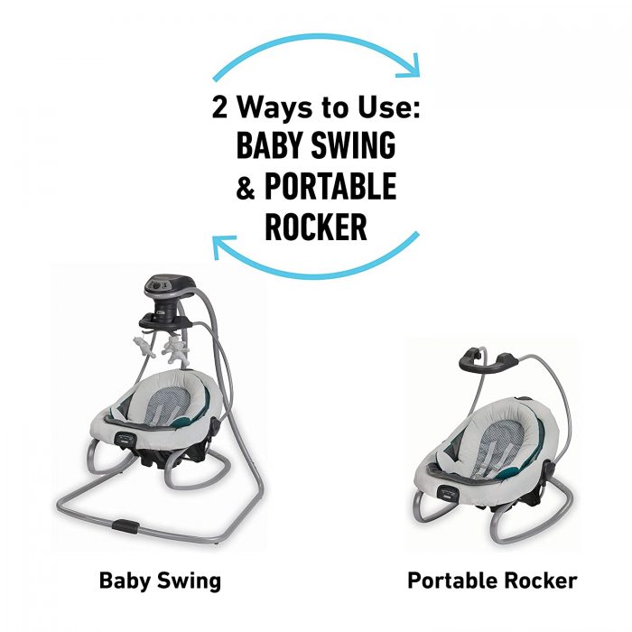 A picture of DuetSoothe showing the two ways on how to exactly use it. It can be used as a swing and it can also be used as a rocker.