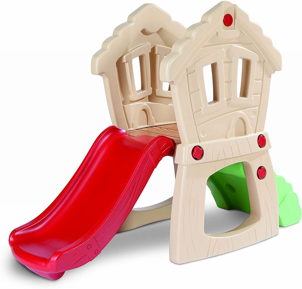 This is a cute little climbing toy for toddler. It has a dull color wall, green ladder and red slide making it simple and pleasing to the eye. 