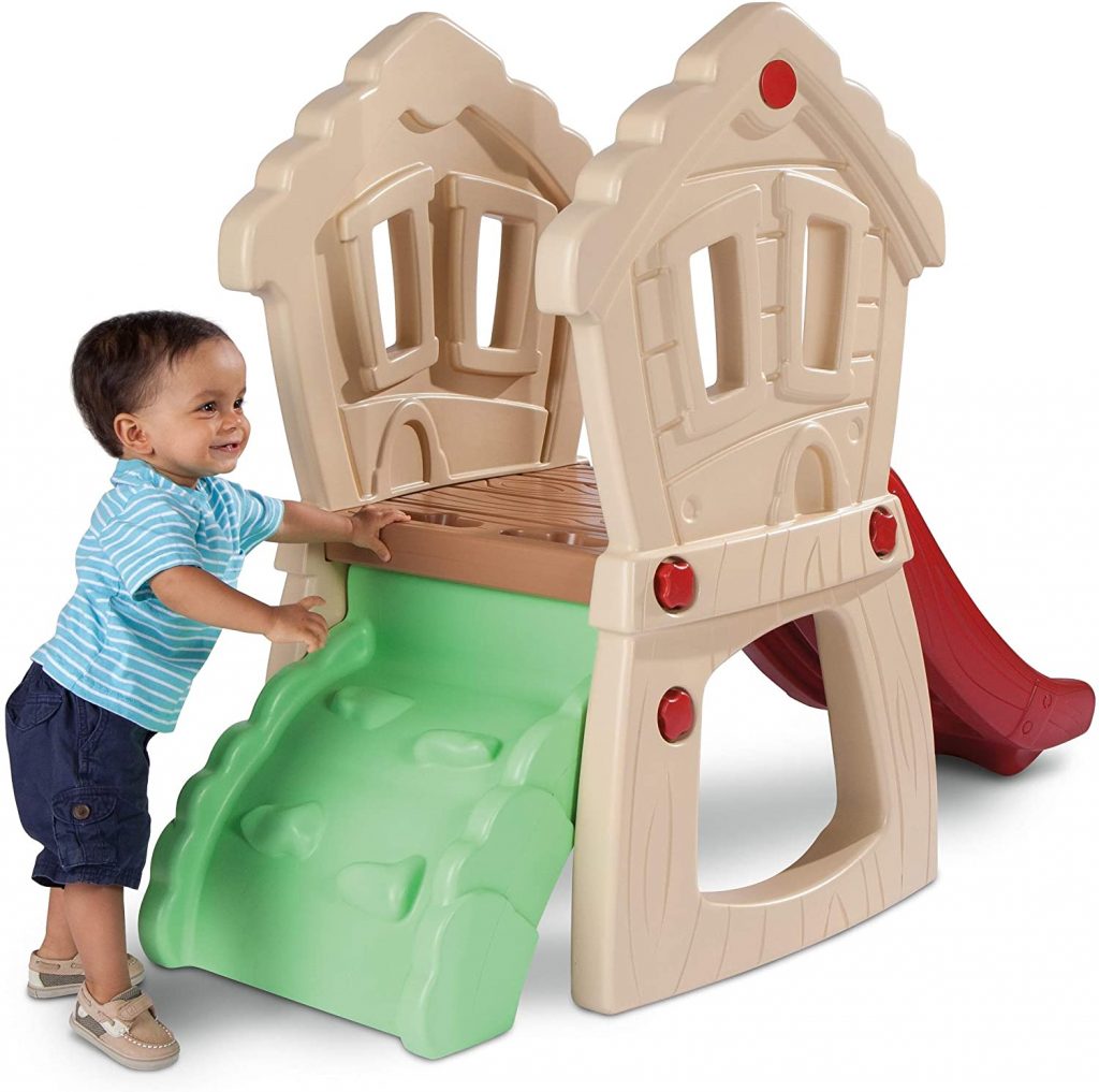 This is a cute little climbing toy for toddle. It has a dull color wall, green ladder and red slide making it simple and pleasing to the eye.