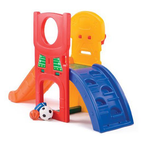 This is a model of a climbing toy for boys. This might be the color suitable for kids. It has yellow, red and blue color. There are also different balls on the side. These are soccer ball, basket ball and rugby. 