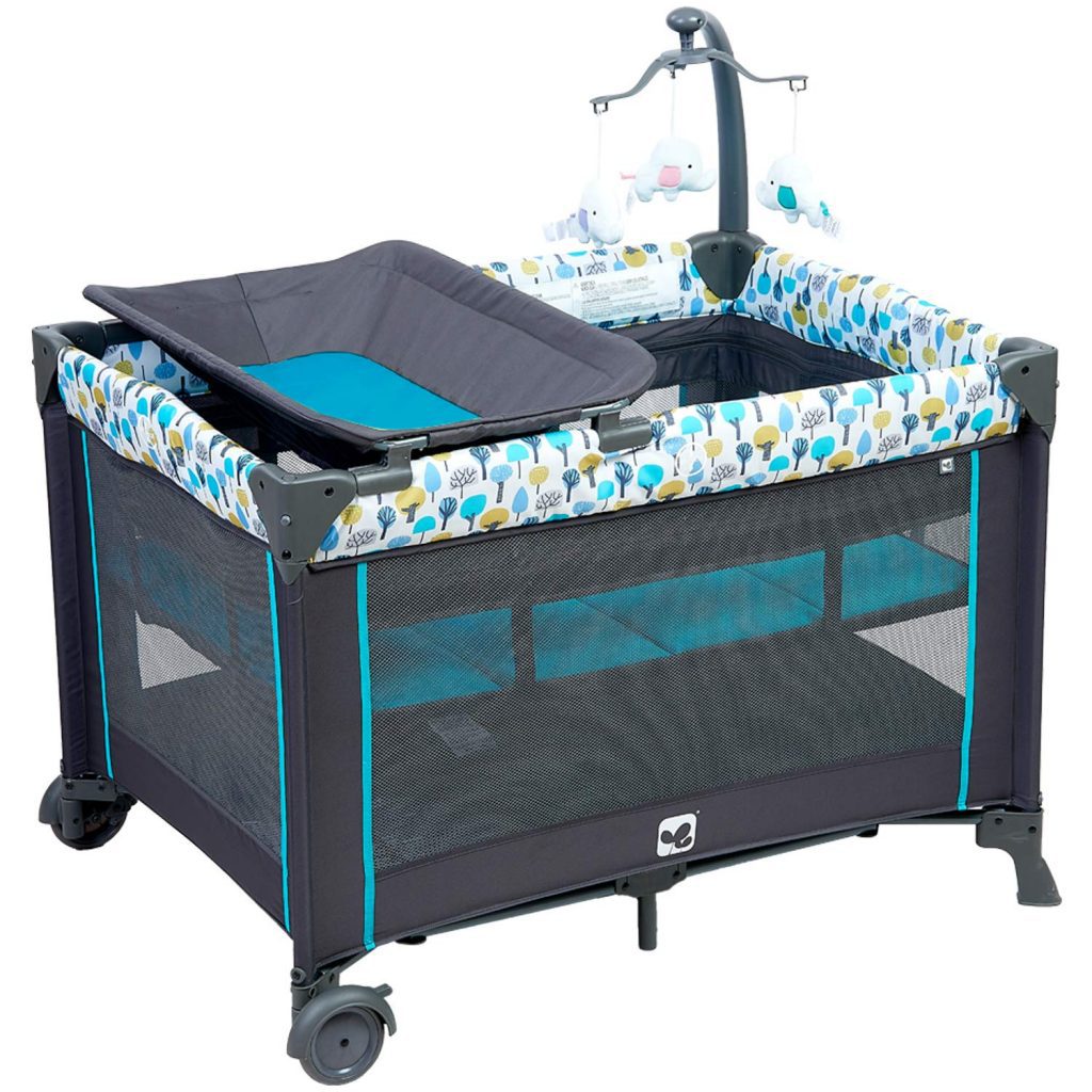 A mini blue and black portable pack n play crib. This pack n play has attachements included.