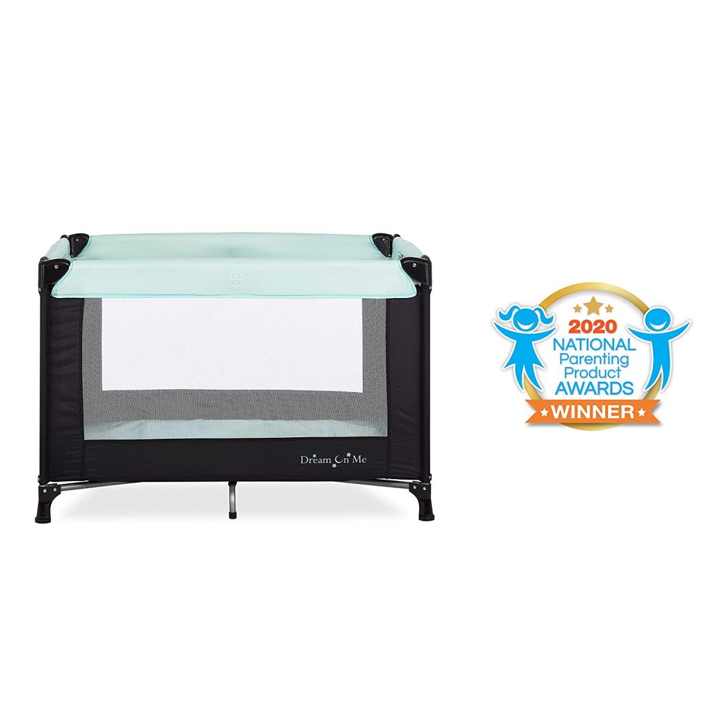 This mini portable pack n play crib was awarded with the 2020 National Parenting Products Awards winner. This pack n play is sky blue in color.