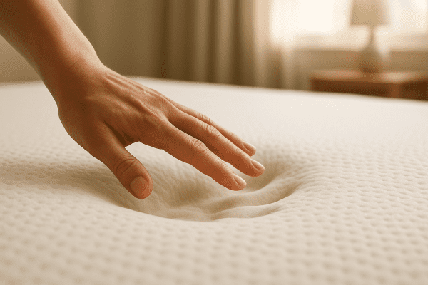 Macro view of a hand pressing into memory foam, with a softly blurred, bright bedroom background.