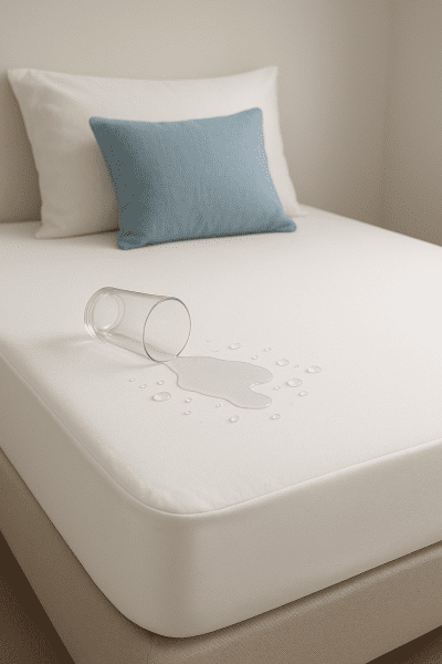 Close-up of water beading on a waterproof mattress protector in a dust-free, allergy-friendly bedroom.
