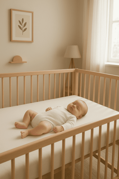 A baby sleeps safely on a firm crib mattress with a fitted organic sheet in a calm modern nursery.