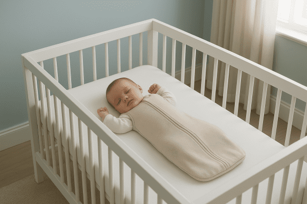 Infant sleeps in a crib with a firm mattress, fitted sheet, and sleep sack, no loose bedding present.