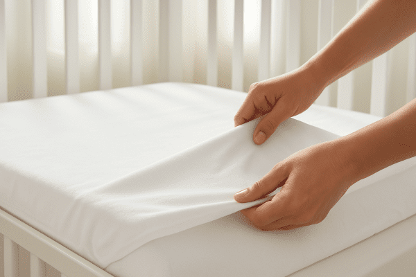 Hands fit a clean mattress protector and crib sheet onto a crib mattress in a sun-filled nursery.