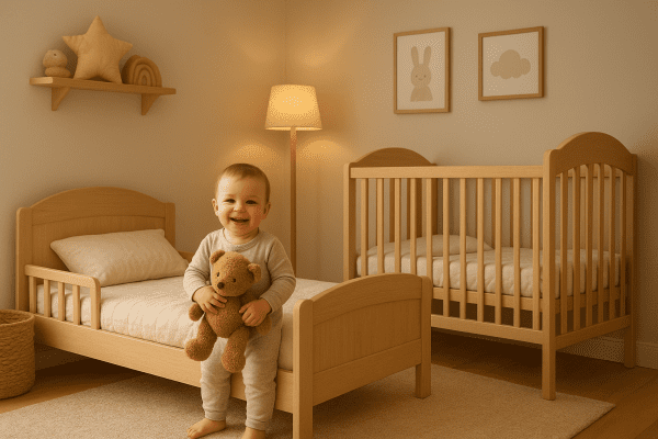 A baby stands at a toddler bed holding a plush toy with a crib nearby in a softly lit, cozy nursery.