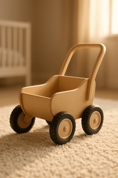 A stylish baby push cart with grippy wheels and a smooth wooden handle on a plush nursery rug, sunlight illuminating safe rounded edges.
